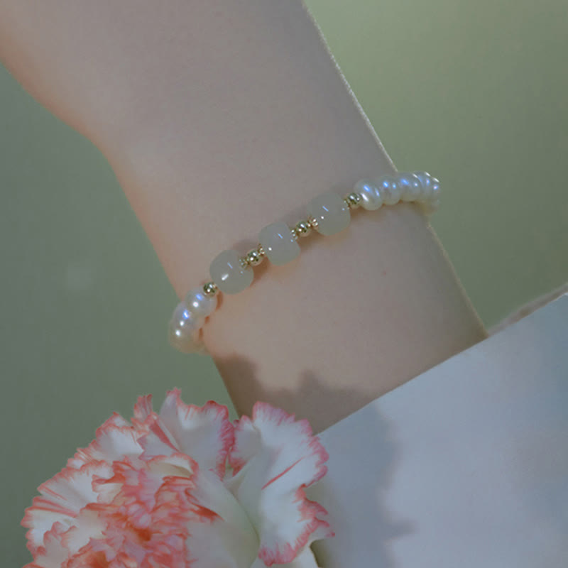 Buddha Stones 14K Gold Plated Natural Pearl Hetian Cyan Jade White Jade Sincerity Bead Chain Bracelet - image 25