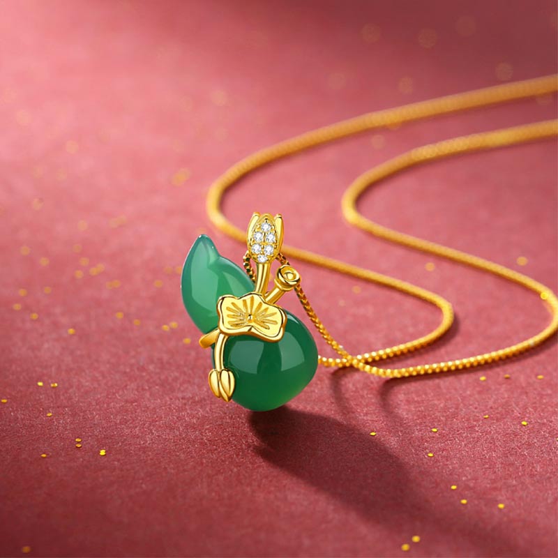 Buddha Stones Cyan Jade Gourd Lotus Leaf Abundance Pendant Necklace - image 1