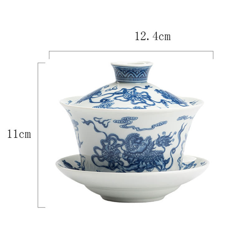 Buddha Stones Blue And White Porcelain Lotus Koi Fish Lion Dance Watermelon Ceramic Gaiwan Sancai Teacup Kung Fu Tea Cup And Saucer With Lid 300ml - Lion Dance 12.4cm*11cm*300ml - image 10