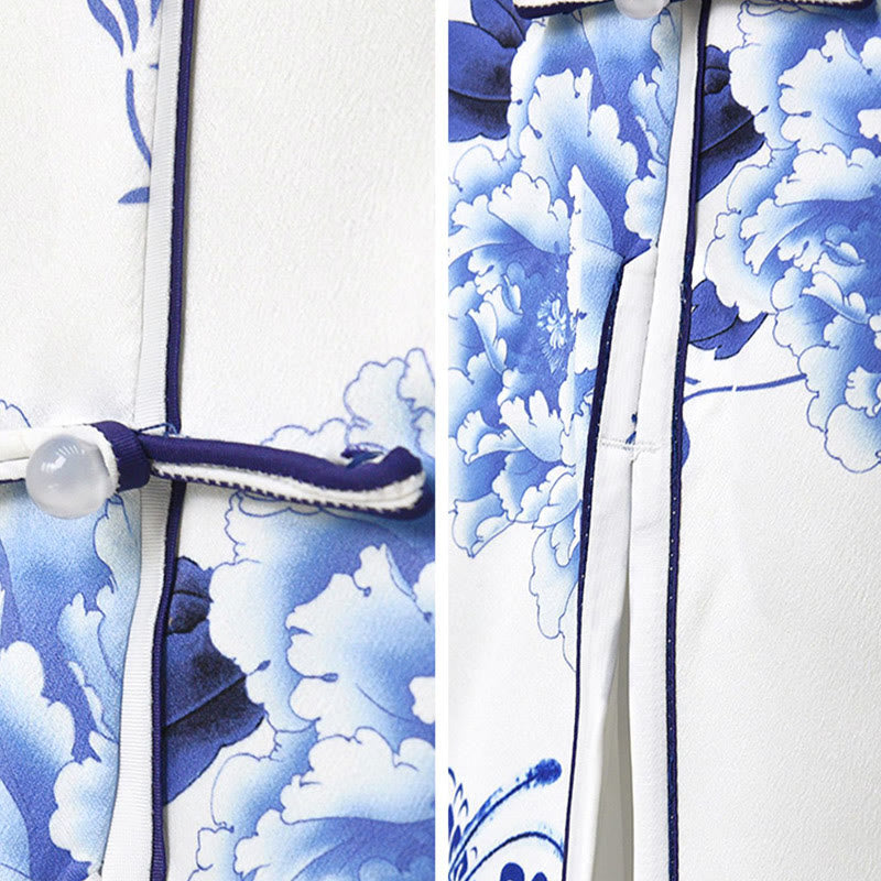Buddha Stones Blue And White Porcelain Color Peony Flower Pattern Cheongsam Dress Women's Qipao Dress - image 11