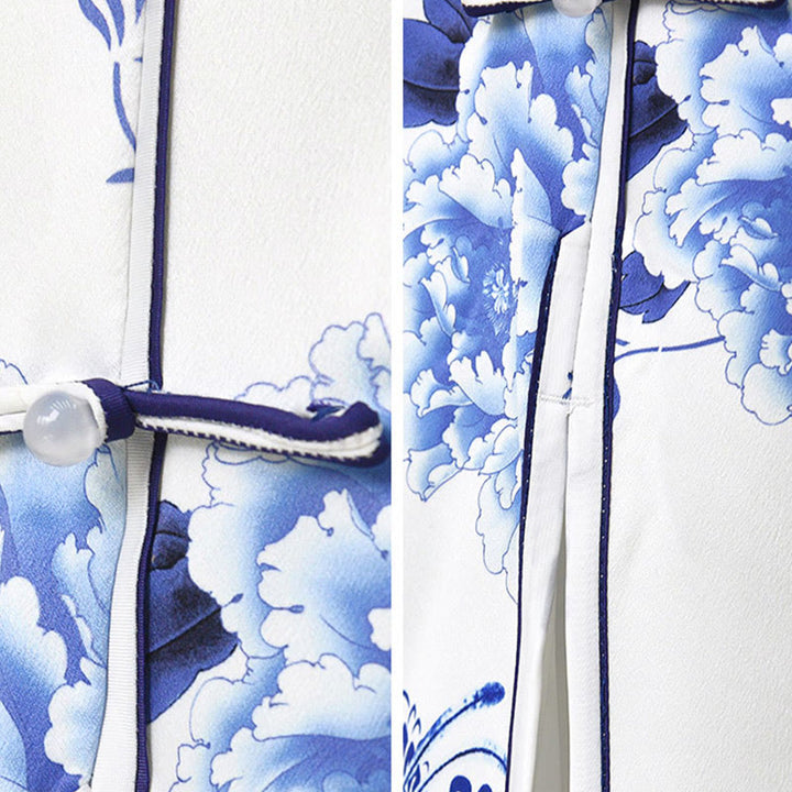 Buddha Stones Blue And White Porcelain Color Peony Flower Pattern Cheongsam Dress Women's Qipao Dress - image 11