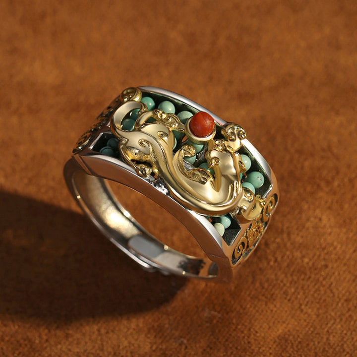 Buddha Stones 925 Sterling Silver Turquoise Red Agate PiXiu Abacus Protection Ring - image 9