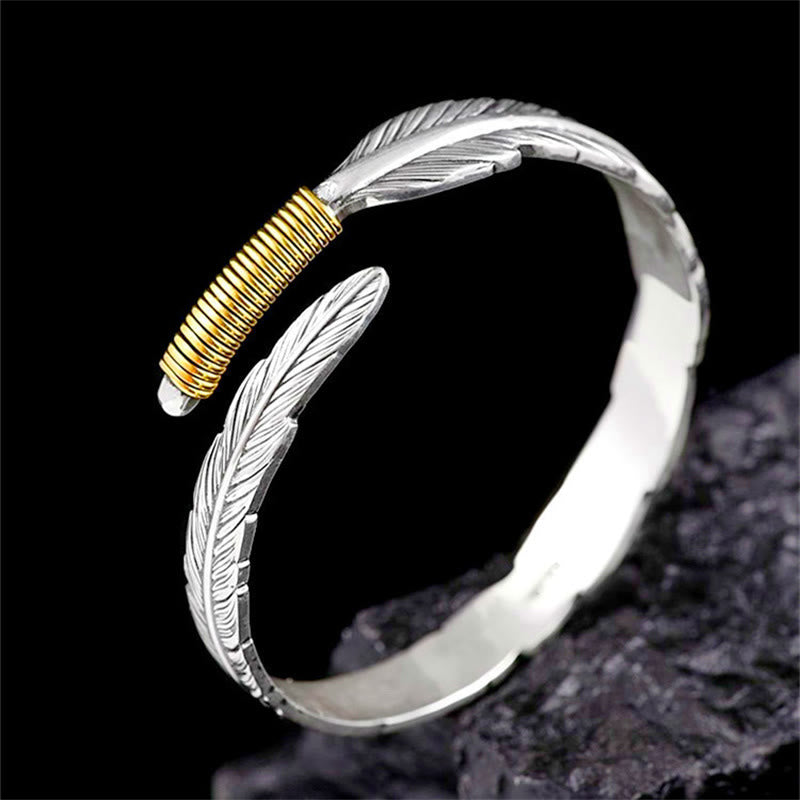 Buddha Stones Feather Pattern Engraved Luck Cuff Bracelet Bangle - image 2