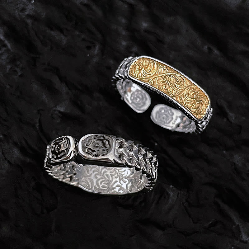 Buddha Stones Tang Dynasty Flower Design Engraved Copper Luck Cuff Bracelet Bangle Adjustable Ring - image 4
