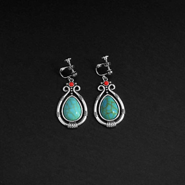 Tibet Vintage Turquoise Waterdrop Strength Drop Dangle Earrings Clips - image 12