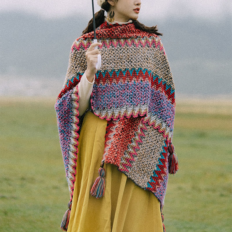 Buddha Stones Tibetan Shawl Knitting Warm Cloak Tibetan Tassel Scarf - Red Cardigan - image 0