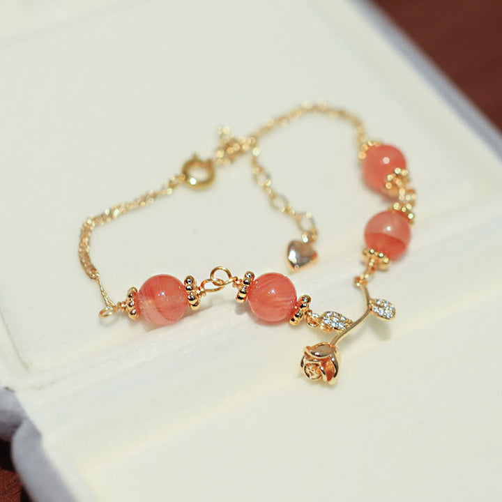 Buddha Stones Natural Red Agate Rose Confidence Calm Chain Bracelet - Four Red Agate Beads&Rose - image 2
