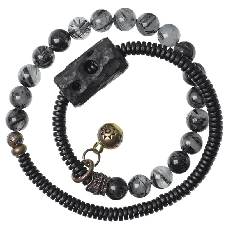 Buddha Stones Black Rutilated Quartz Ebony Wood Copper Wisdom Couple Bracelet - image 13