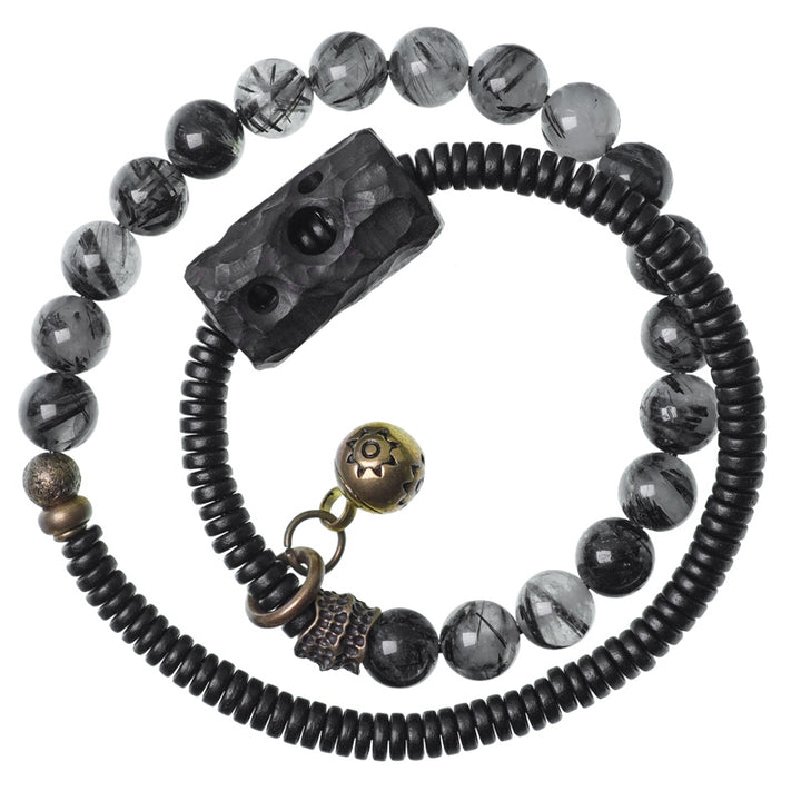 Buddha Stones Black Rutilated Quartz Ebony Wood Copper Wisdom Couple Bracelet - image 13