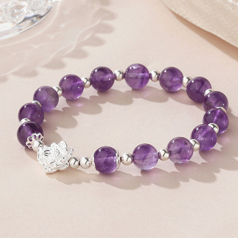 Buddha Stones 925 Sterling Silver Natural Amethyst Lotus Spiritual Bracelet - image 1