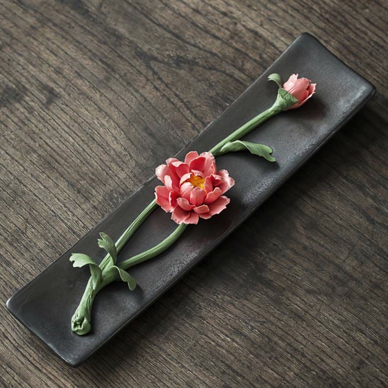 Buddha Stones Lotus Peony Rose Flower Ceramic Spiritual Incense Burner - Red Peony - image 12