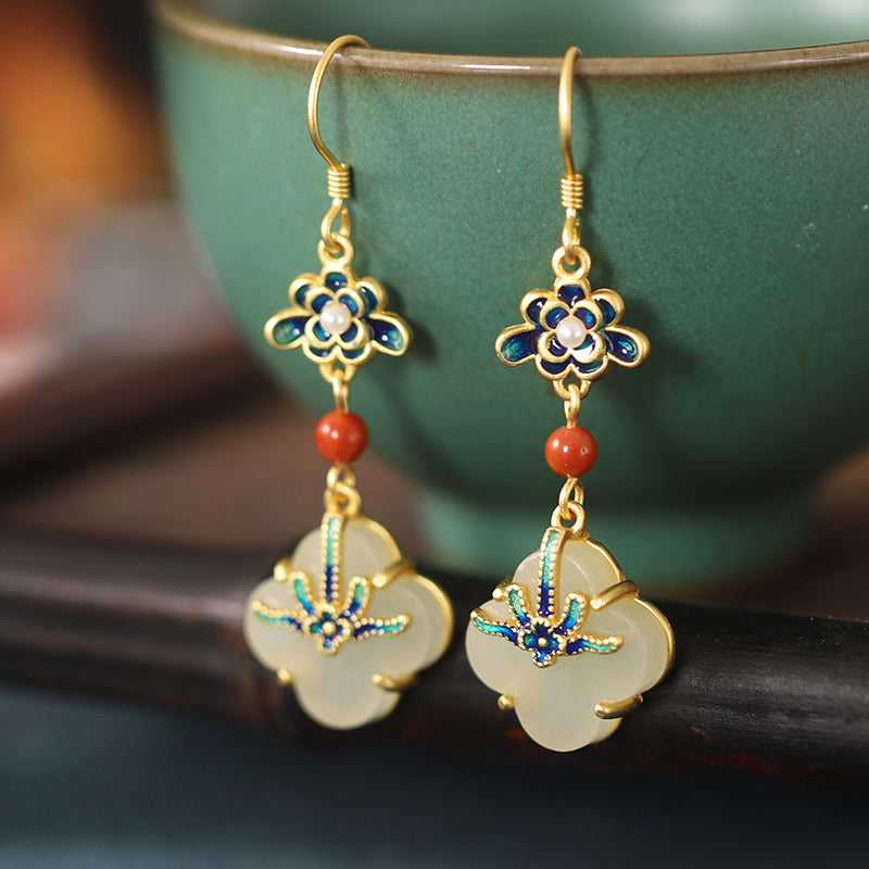 Buddha Stones Lucky Four Leaf Clover Jade Abundance Copper Earrings - Jade - image 0