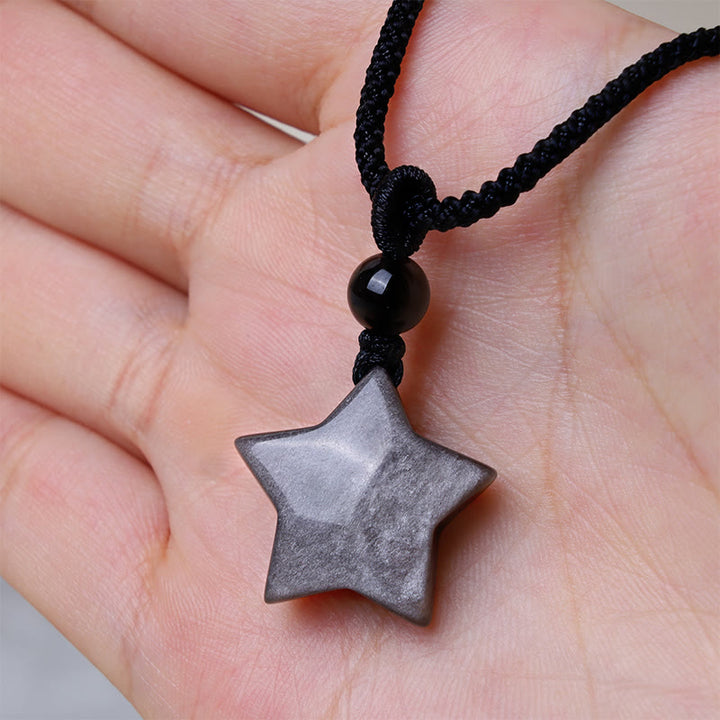 Buddha Stones Natural Silver Sheen Obsidian Star Crescent Moon Protection Necklace Pendant - image 7