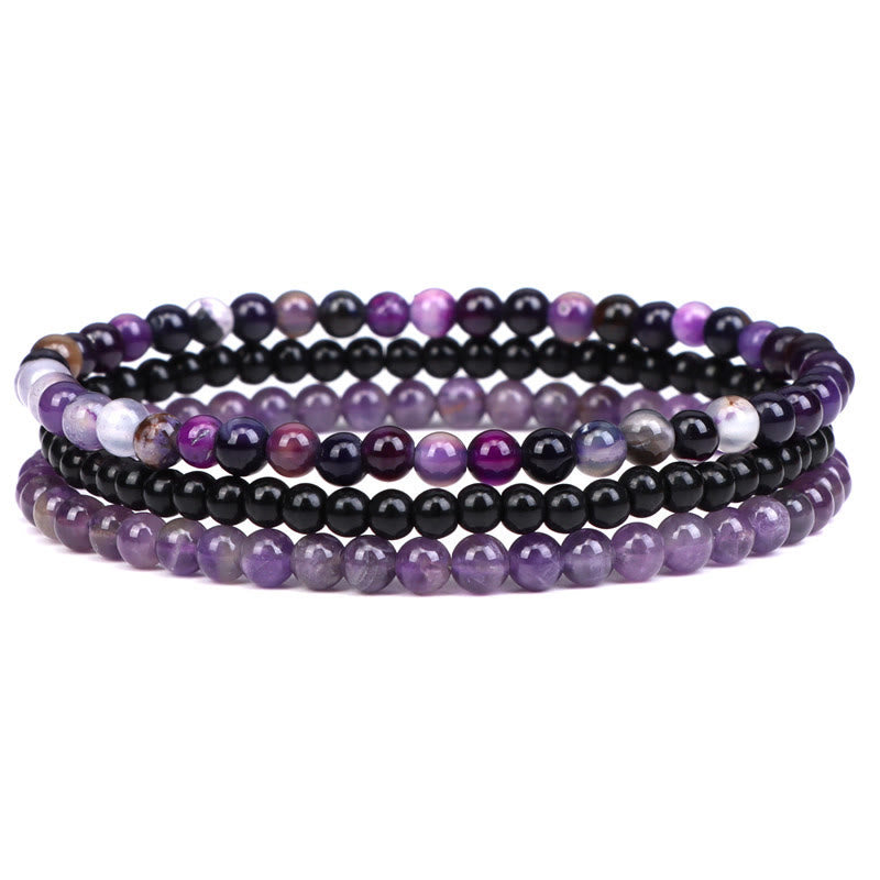 Buddha Stones 3Pcs Natural Crystal Stone Inner Peace Spiritual Bracelet - Amethyst&Black Glass Beads(Wrist Circumference 15-19cm) - image 0