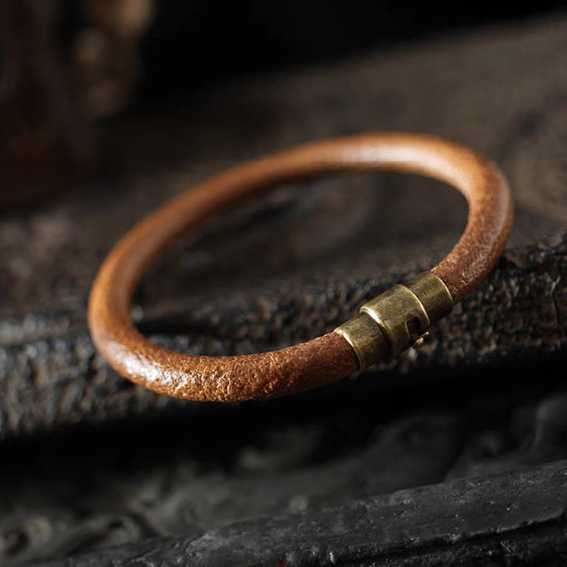 Buddha Stones Retro Leather Luck Healing Copper Magnetic Buckle Bracelet - image 2