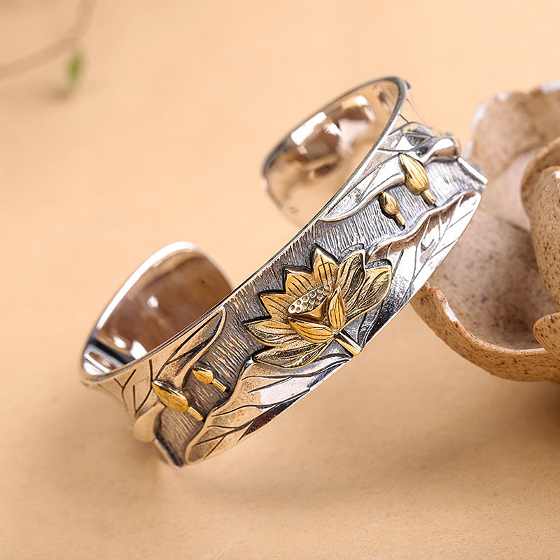 Buddha Stones 925 Sterling Silver Lotus Flower Calm Bracelet Adjustable Bangle - Silver - image 0