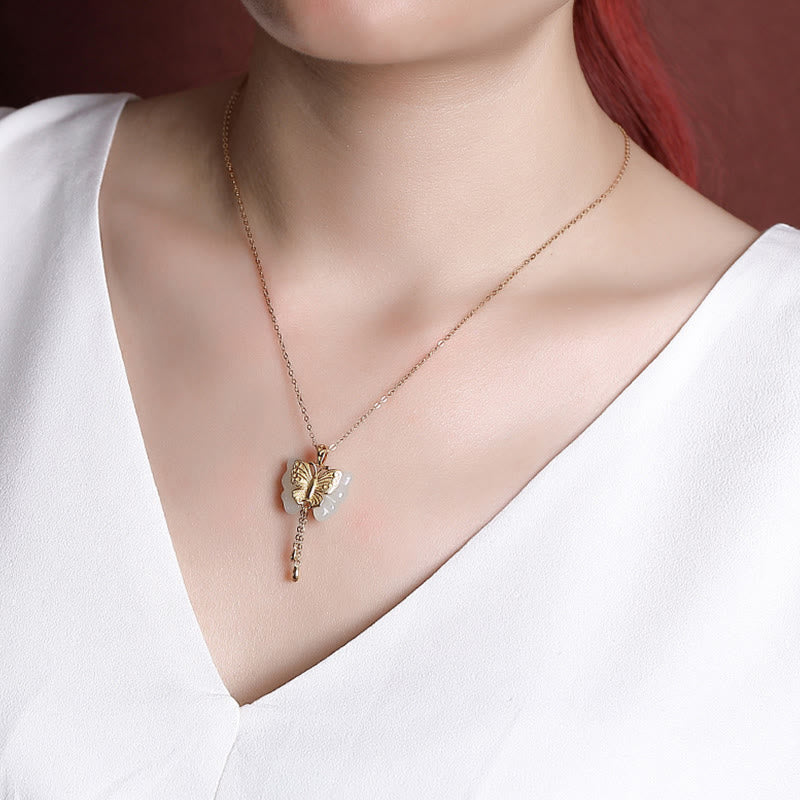 Buddha Stones 925 Sterling Silver Plated Gold Hetian White Jade Butterfly Blessing Necklace Pendant - image 5