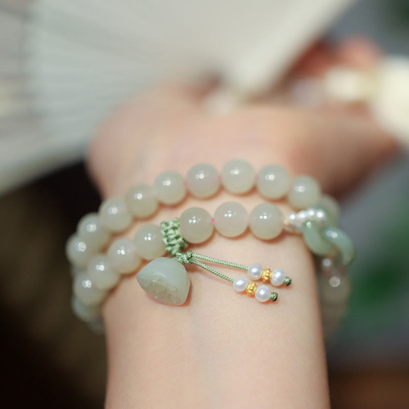 Buddha Stones 925 Sterling Silver Hetian Jade Double Peace Buckle Lotus Luck Double Wrap Bracelet - image 3