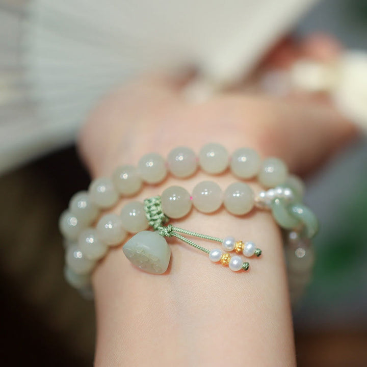 Buddha Stones 925 Sterling Silver Hetian Jade Double Peace Buckle Lotus Luck Double Wrap Bracelet - image 3