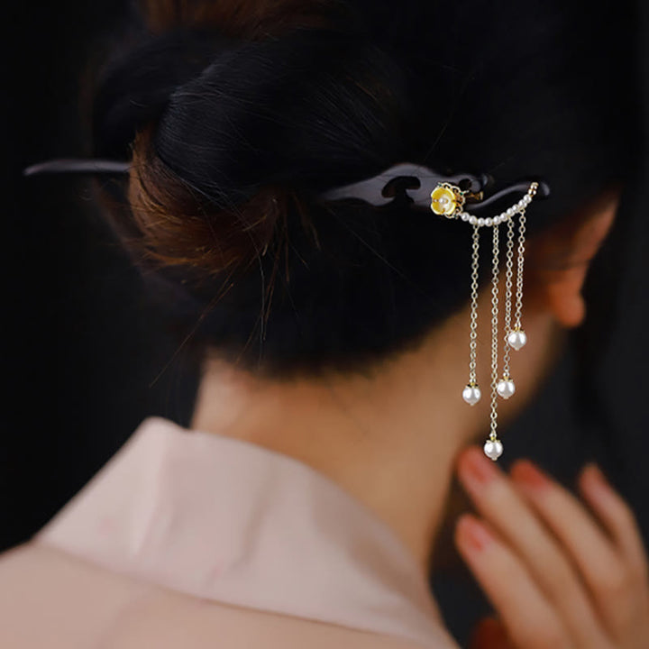 Buddha Stones Ebony Wood Yellow Flower Pearl Tassels Hairpin - image 5