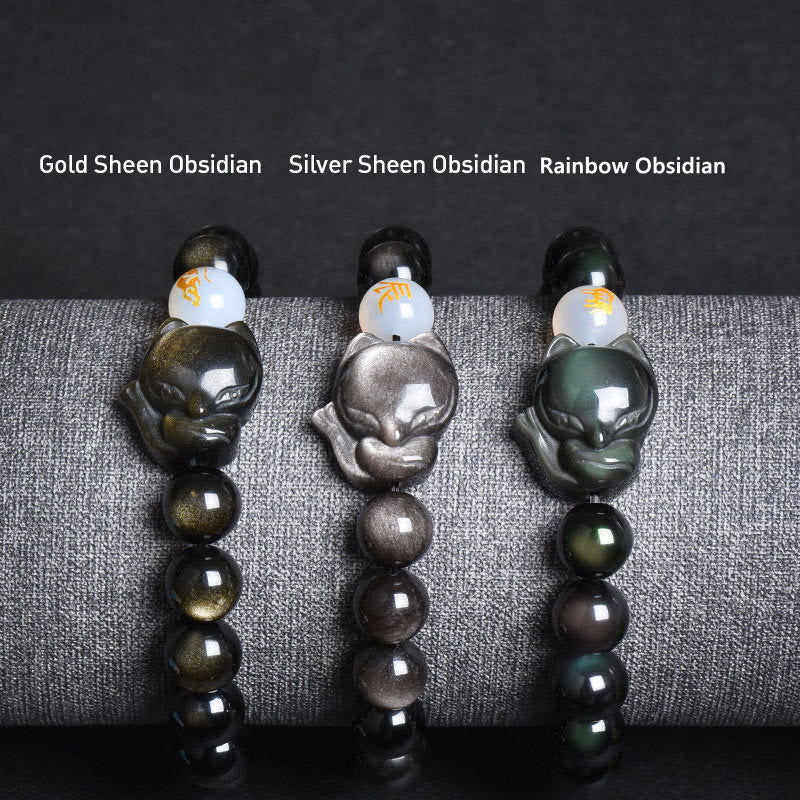 Buddha Stones Natural Rainbow Obsidian Gold Sheen Obsidian Silver Sheen Obsidian Fox Healing Bracelet - image 6