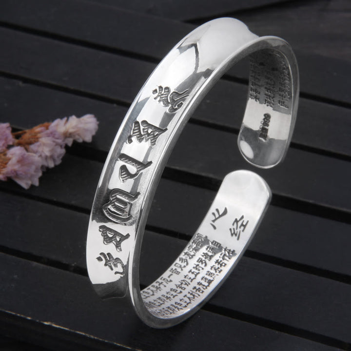 Buddha Stones 999 Sterling Silver Om Mani Padme Hum Heart Sutra Love Peace Bracelet Bangle - image 4