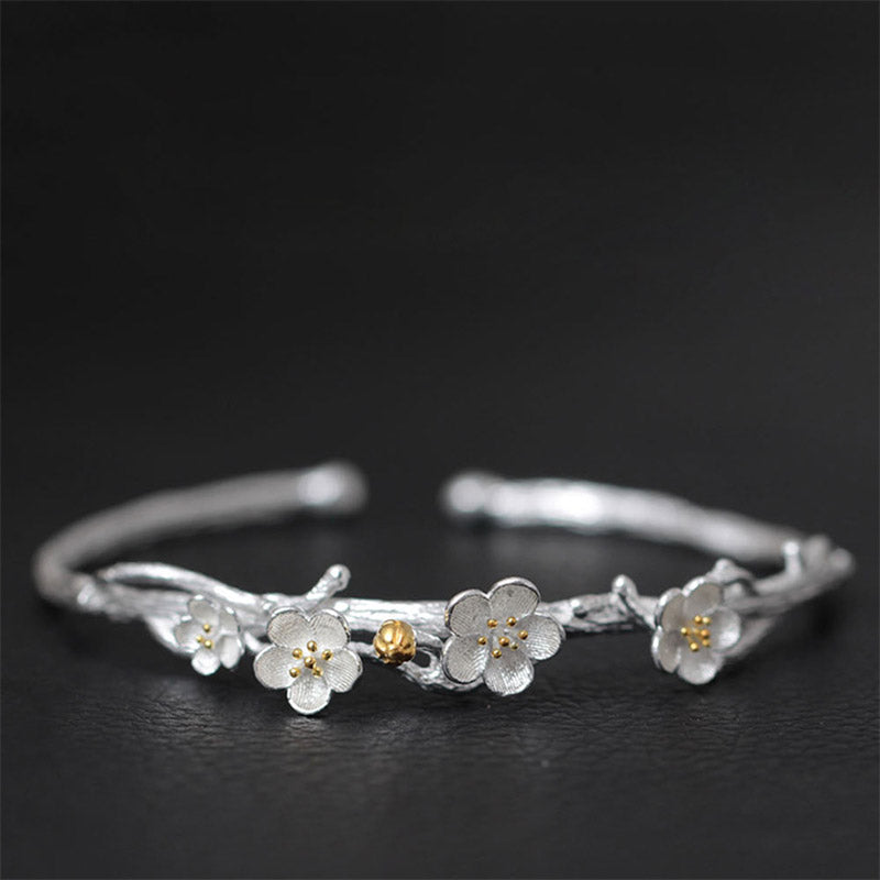Buddha Stones 925 Sterling Silver Plum Flower Blessing Bracelet Adjustable Bangle - image 12