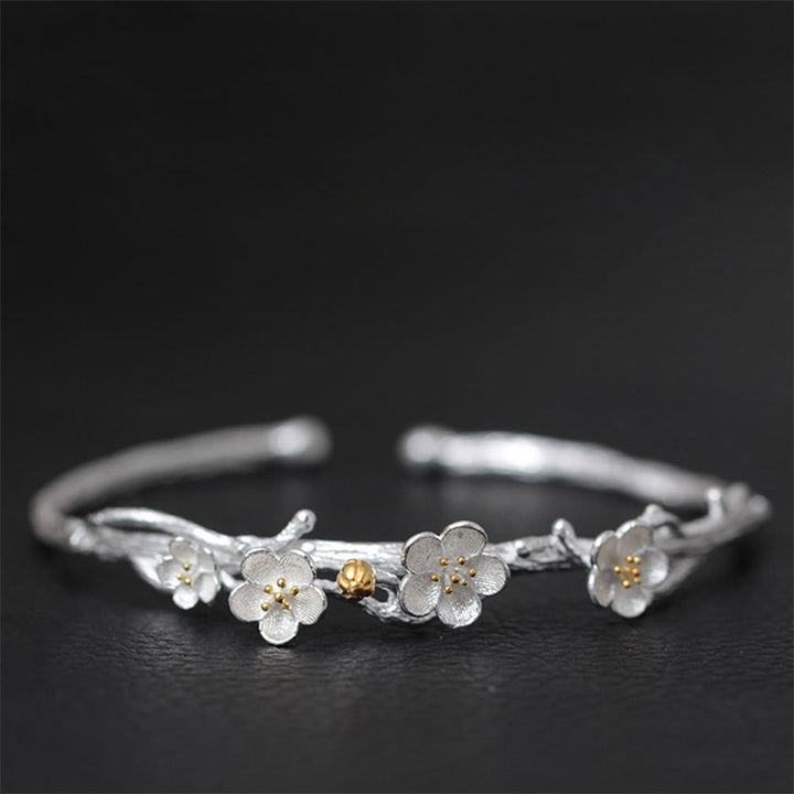 Buddha Stones 925 Sterling Silver Plum Flower Blessing Bracelet Adjustable Bangle - image 12