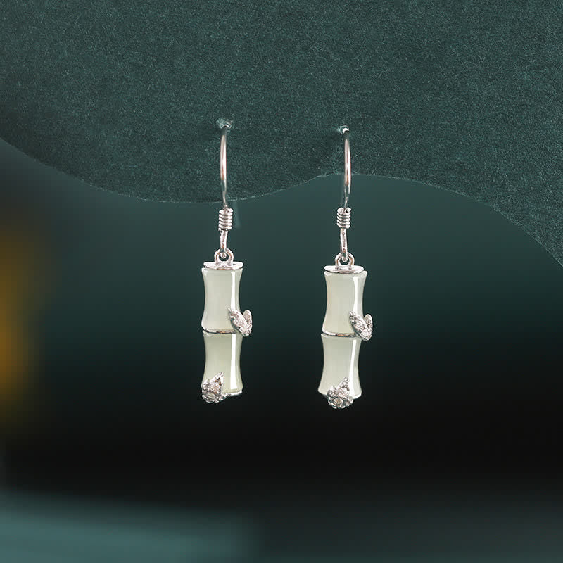 Buddha Stones 925 Sterling Silver Hetian Jade Chrysoberyl Cat Eye Red Agate Bamboo Luck Drop Earrings - image 7