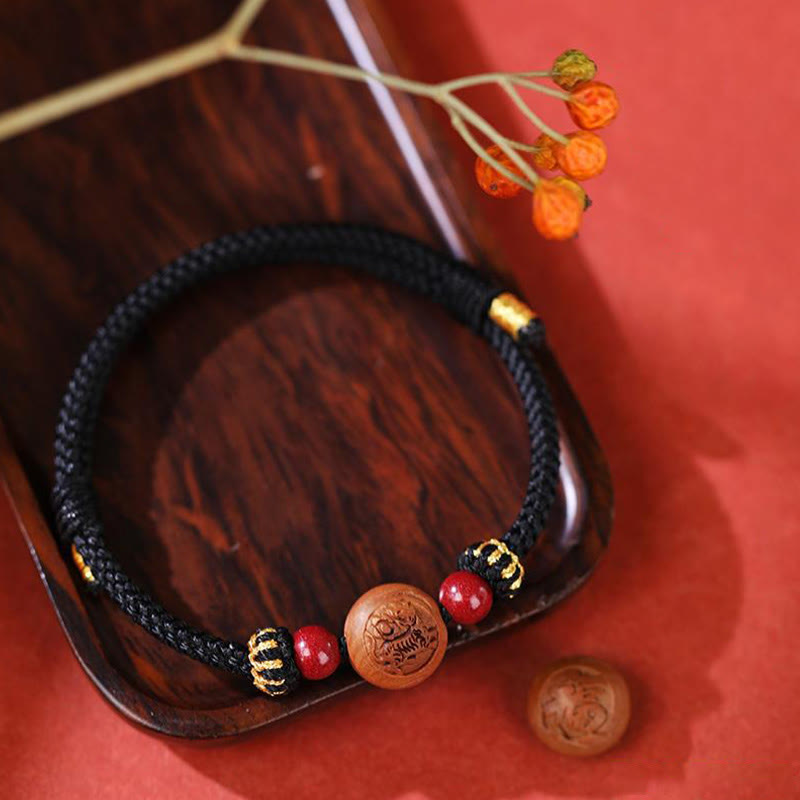 Buddha Stones Natural Peach Wood Chinese Zodiac Fu Character Carved Cinnabar Wealth Bracelet - image 12