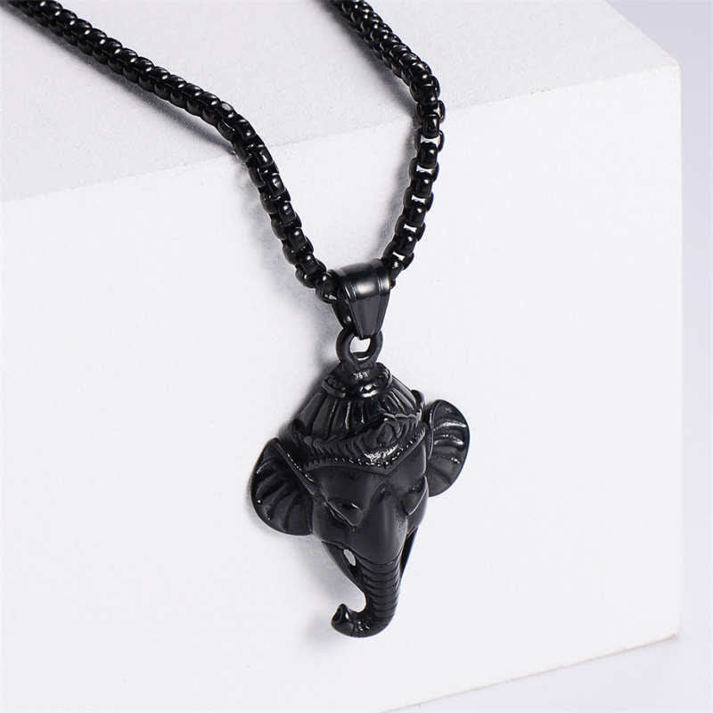 Buddha Stones Ganesh Ganpati Elephant Titanium Steel Protection Pendant Necklace - Black - image 6
