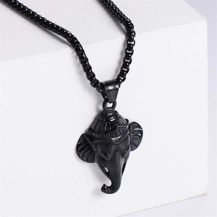 Buddha Stones Ganesh Ganpati Elephant Titanium Steel Protection Pendant Necklace - Black - image 6