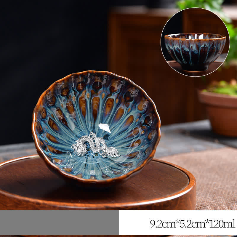 Buddha Stones Lotus Peacock Dragon Phoenix Koi Fish Ceramic Teacup Inlaid Tea Cups 120ml - Silver - Dragon - image 20