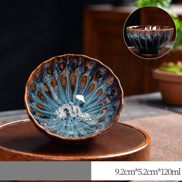 Buddha Stones Lotus Peacock Dragon Phoenix Koi Fish Ceramic Teacup Inlaid Tea Cups 120ml - Silver - Dragon - image 20