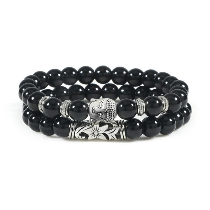 Buddha Stones 2Pcs Natural Crystal Agate Buddha Protection Bracelet - Black Onyx - image 12