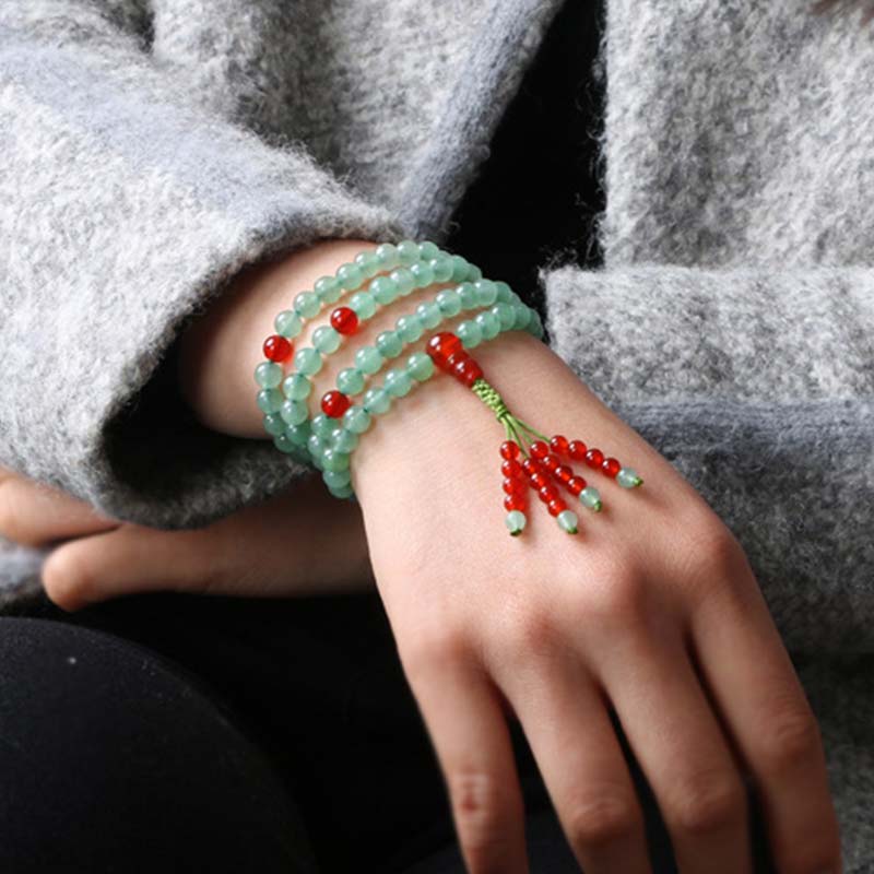 Buddha Stones 108 Beads Green Aventurine Red Agate Luck Mala Bracelet - image 1