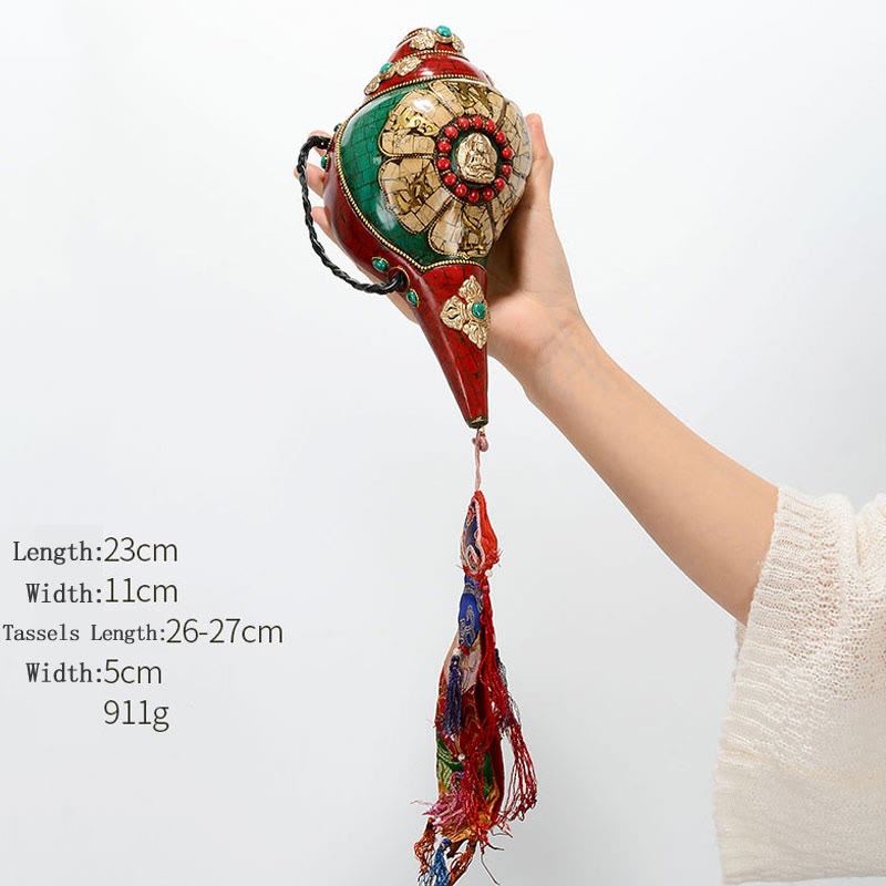 Tibetan Handmade Shankha Om Mani Padme Hum Buddha Avalokitesvara Turquoise Conch Shell Positive Decoration - Om Mani Padme Hum-Vairocana Buddha 23*11cm - image 22