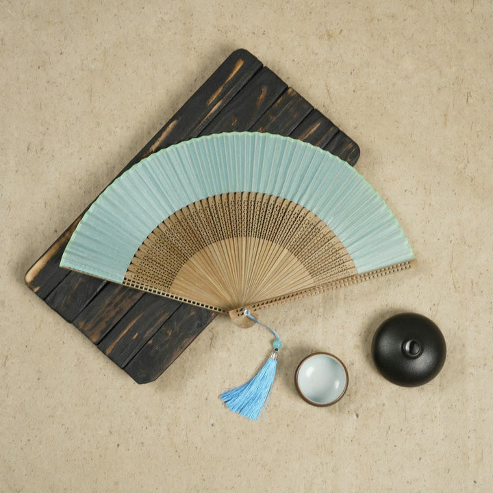 Buddha Stones Vintage Handheld Folding Fan With Bamboo Frames - Aqua - image 12