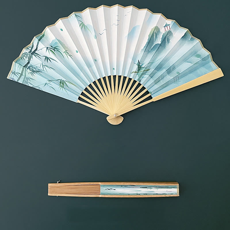 Buddha Stones Retro Lotus Flower Leaf Mountain Lake Handheld Folding Fan With Bamboo Frames - image 12