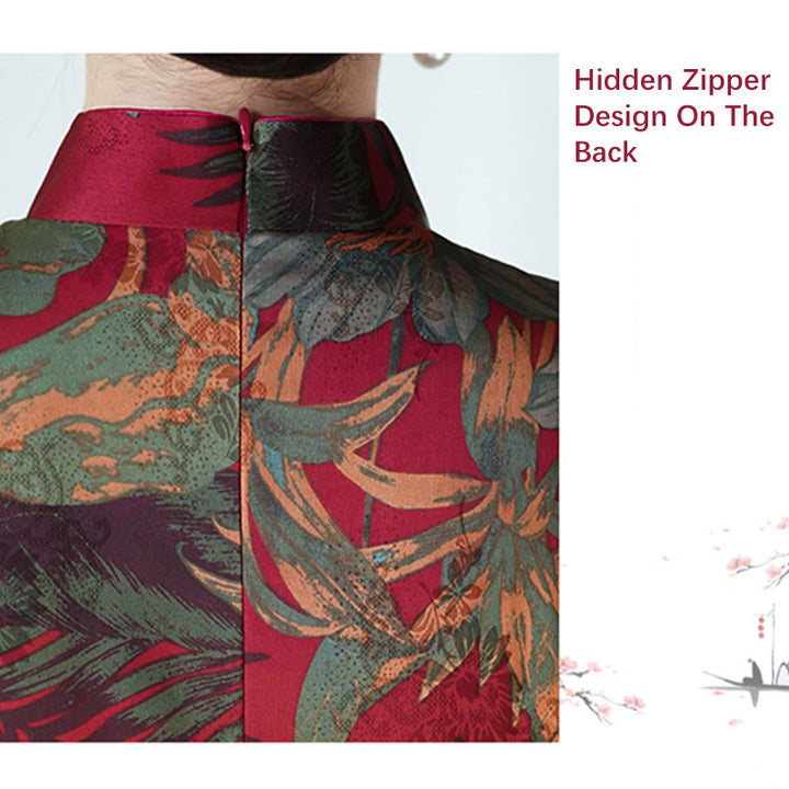 Buddha Stones Silk Qipao Dress Retro Flower Leaf Pattern Women's Cheongsam Dress - image 12