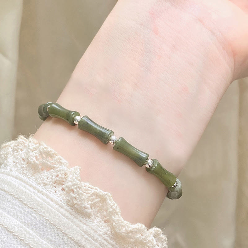 Buddha Stones 925 Sterling Silver Bamboo Jade Lucky Cat Fu Character Luck Abundance Bracelet - image 14