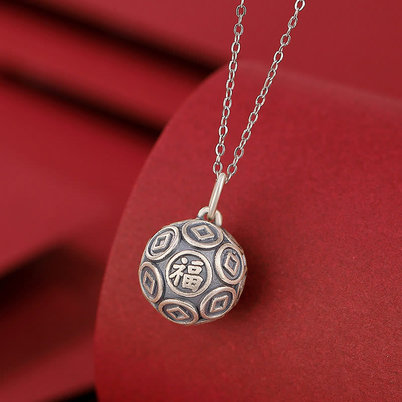 Buddha Stones 990 Sterling Silver Fu Character Copper Coin Luck Fortune Chain Necklace Pendant - Fu Character(Happiness♥Blessing) - image 0