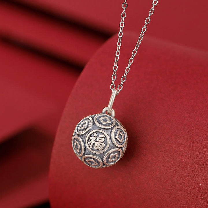 Buddha Stones 990 Sterling Silver Fu Character Copper Coin Luck Fortune Chain Necklace Pendant - Fu Character(Happiness♥Blessing) - image 0