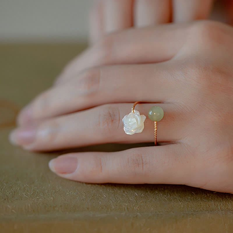 Buddha Stones 14K Gold Plated Tridacna Stone Rose Flower Jade Bead Blessing Ring - image 10