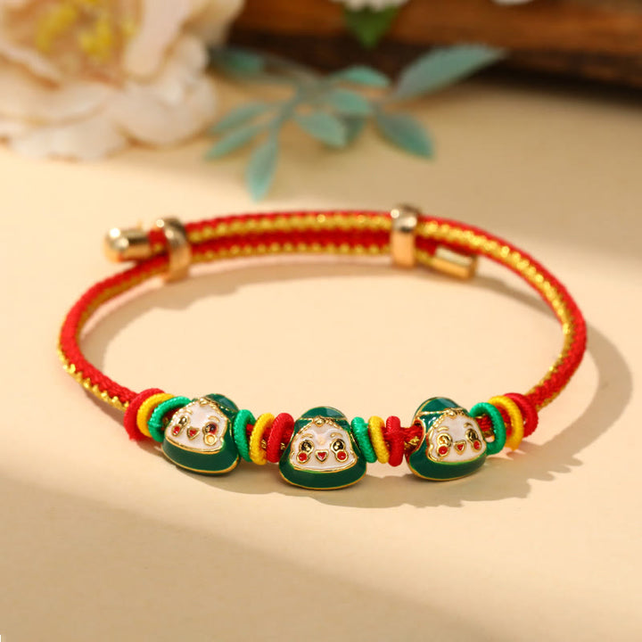 Buddha Stones Colorful Rope Zongzi Pattern Luck Handmade Child Adult Bracelet - Golden Red Rope-Three Zongzi (Green)(Wrist Circumference 12-20cm) - image 19