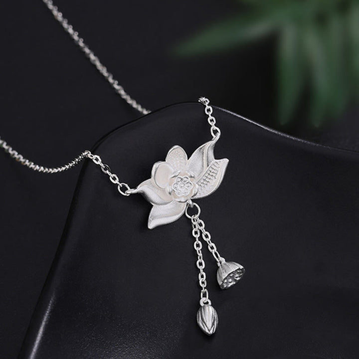 Buddha Stones 999 Sterling Silver Lotus Flower Pod Carved Enlightenment Necklace Pendant - image 3