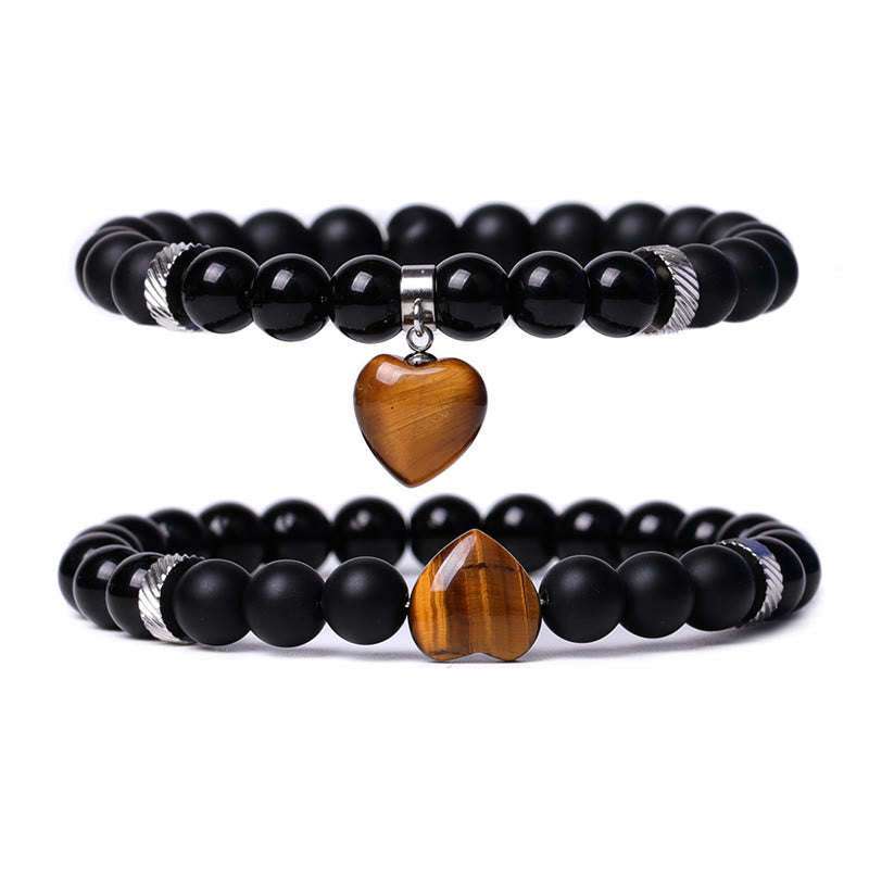 Buddha Stones 2Pcs Black Onyx Crystal Stone Love Heart Protection Support Couple Bracelet - Black Onyx&Tiger Eye - image 0