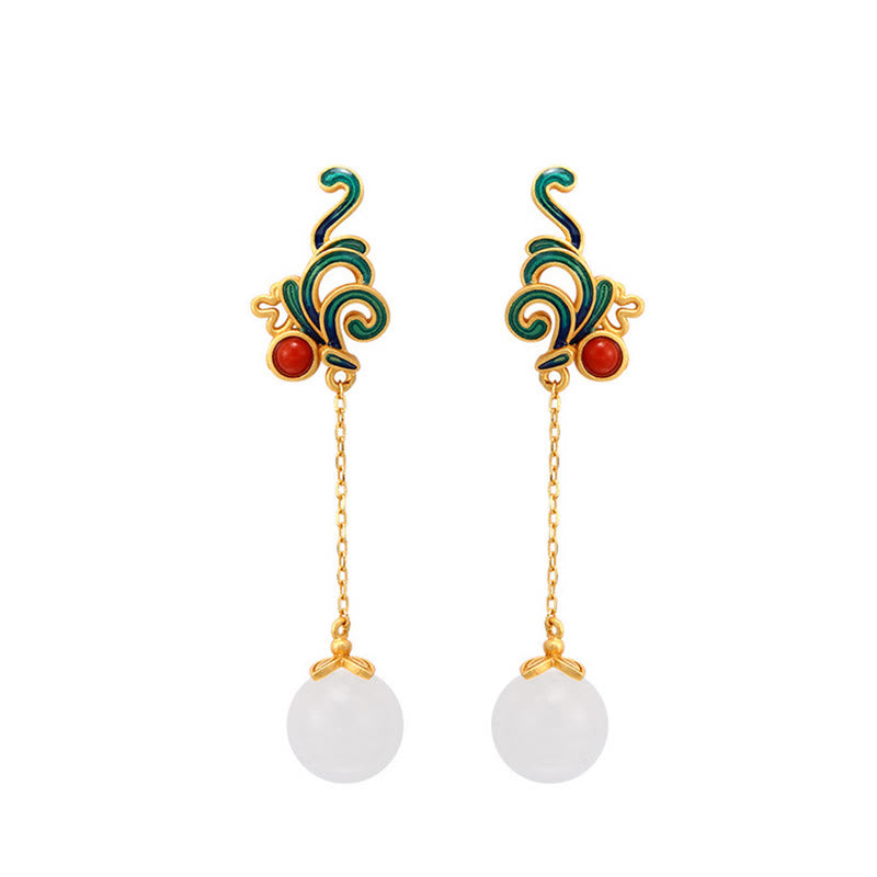 Buddha Stones Vintage White Jade Red Agate Bead Blessing Drop Dangle Earrings - image 7