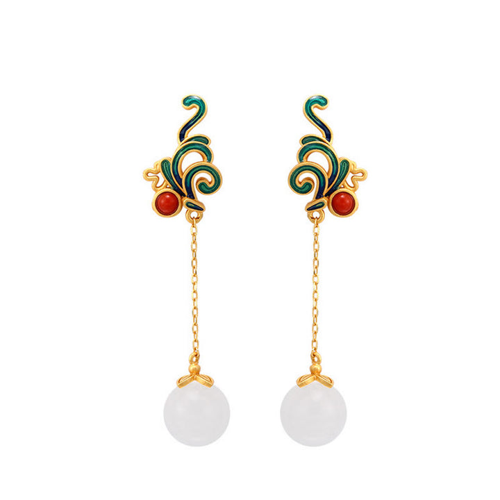 Buddha Stones Vintage White Jade Red Agate Bead Blessing Drop Dangle Earrings - image 7