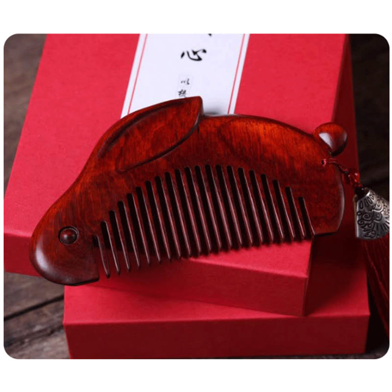 Small Leaf Red Sandalwood Cute Bunny Rabbit Sooth Comb With Gift Box - image 7